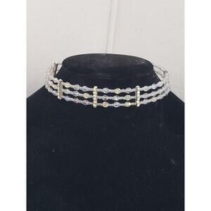 Vintage Aurora Borealis AB Crystal 3 Strand Choker Necklace Rhinestone